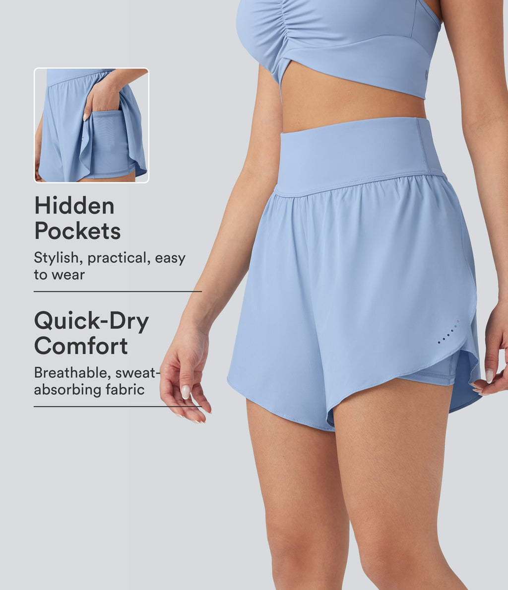 QuickDry High Waisted Tummy Control Reflective Dots Crossover Hem 2-in-1 Running Shorts 5'' with Pockets — Sky Blue — view 1