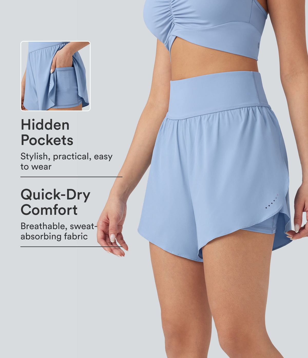 QuickDry High Waisted Tummy Control Reflective Dots Crossover Hem 2-in-1 Running Shorts 5'' with Pockets — Sky Blue — view 1