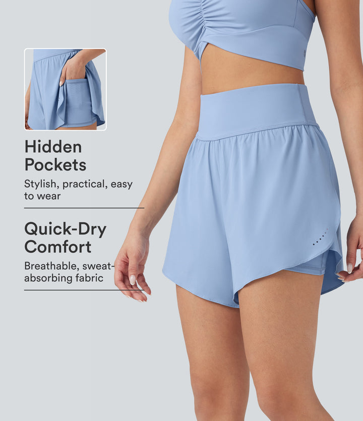 QuickDry High Waisted Tummy Control Reflective Dots Crossover Hem 2-in-1 Running Shorts 5'' with Pockets — Sky Blue — view 1