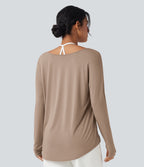 Deep V-neck Long Sleeve Thumb Holes Relaxed T-Shirt-Front and Back Wearable — Natural — view 2