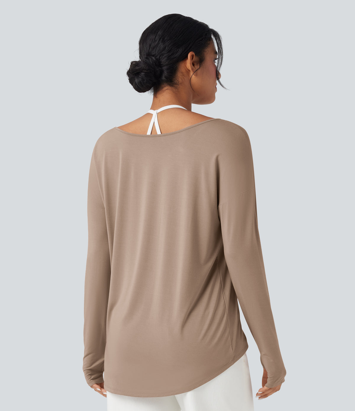 Deep V-neck Long Sleeve Thumb Holes Relaxed T-Shirt-Front and Back Wearable — Natural — view 2