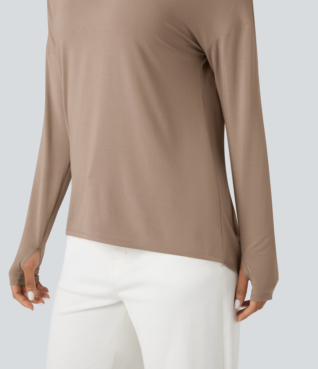 Deep V-neck Long Sleeve Thumb Holes Relaxed T-Shirt-Front and Back Wearable — Natural — view 5