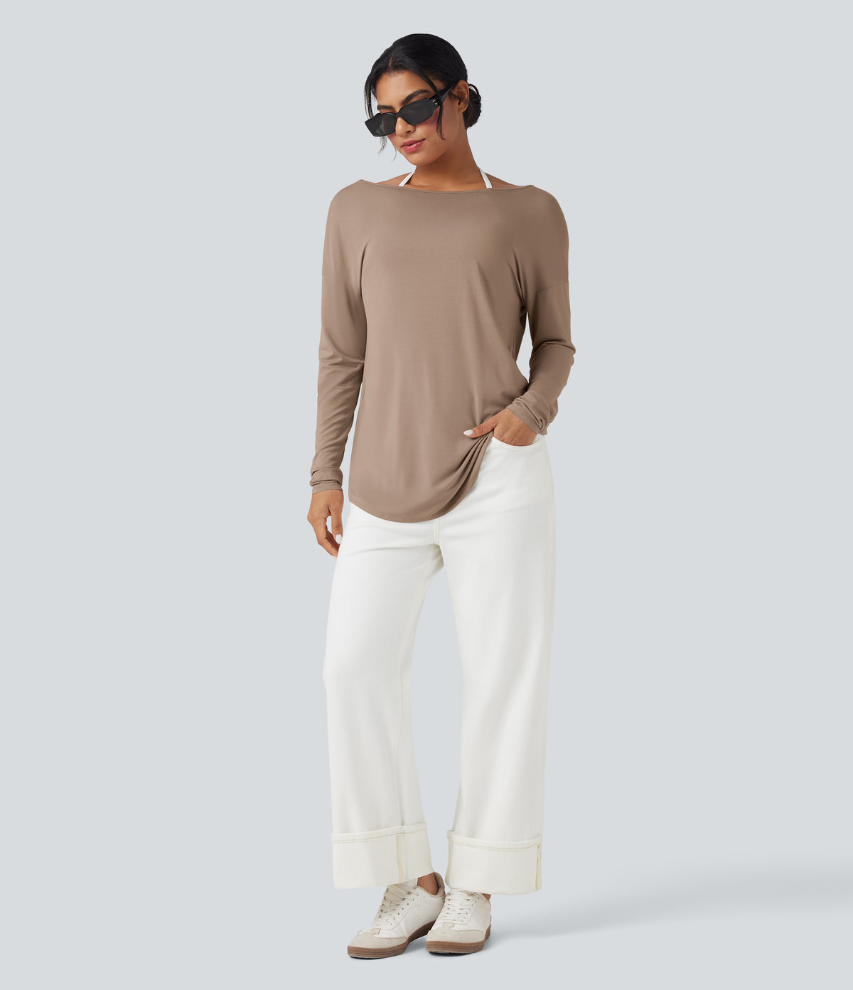 Deep V-neck Long Sleeve Thumb Holes Relaxed T-Shirt-Front and Back Wearable — Natural — view 7