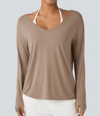 Deep V-neck Long Sleeve Thumb Holes Relaxed T-Shirt-Front and Back Wearable — Natural — view 4