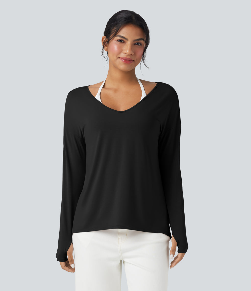 Deep V-neck Long Sleeve Thumb Holes Relaxed T-Shirt-Front and Back Wearable — Black — view 8