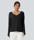 Deep V-neck Long Sleeve Thumb Holes Relaxed T-Shirt-Front and Back Wearable — Black — view 8