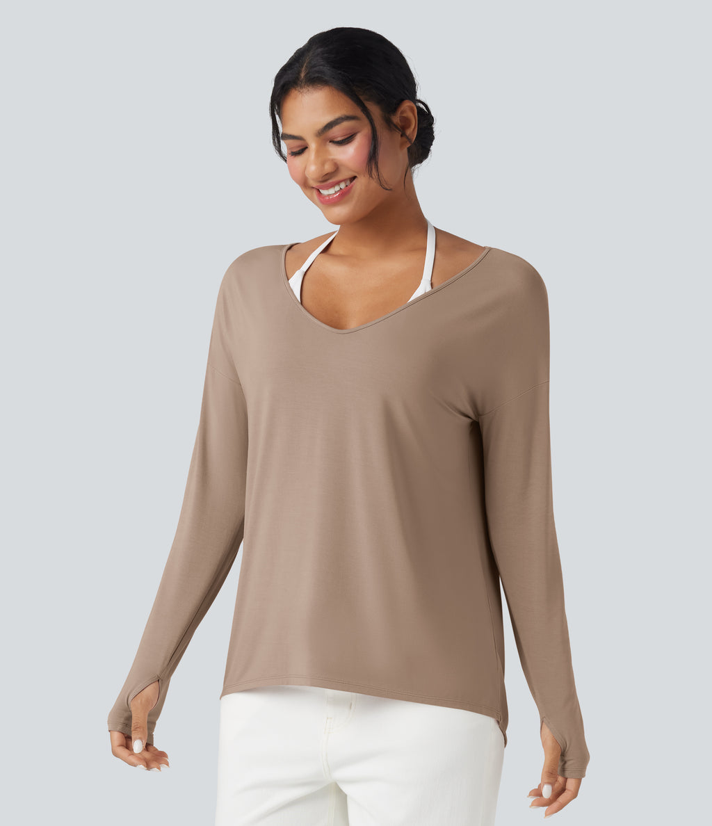 Deep V-neck Long Sleeve Thumb Holes Relaxed T-Shirt-Front and Back Wearable — Natural — view 3