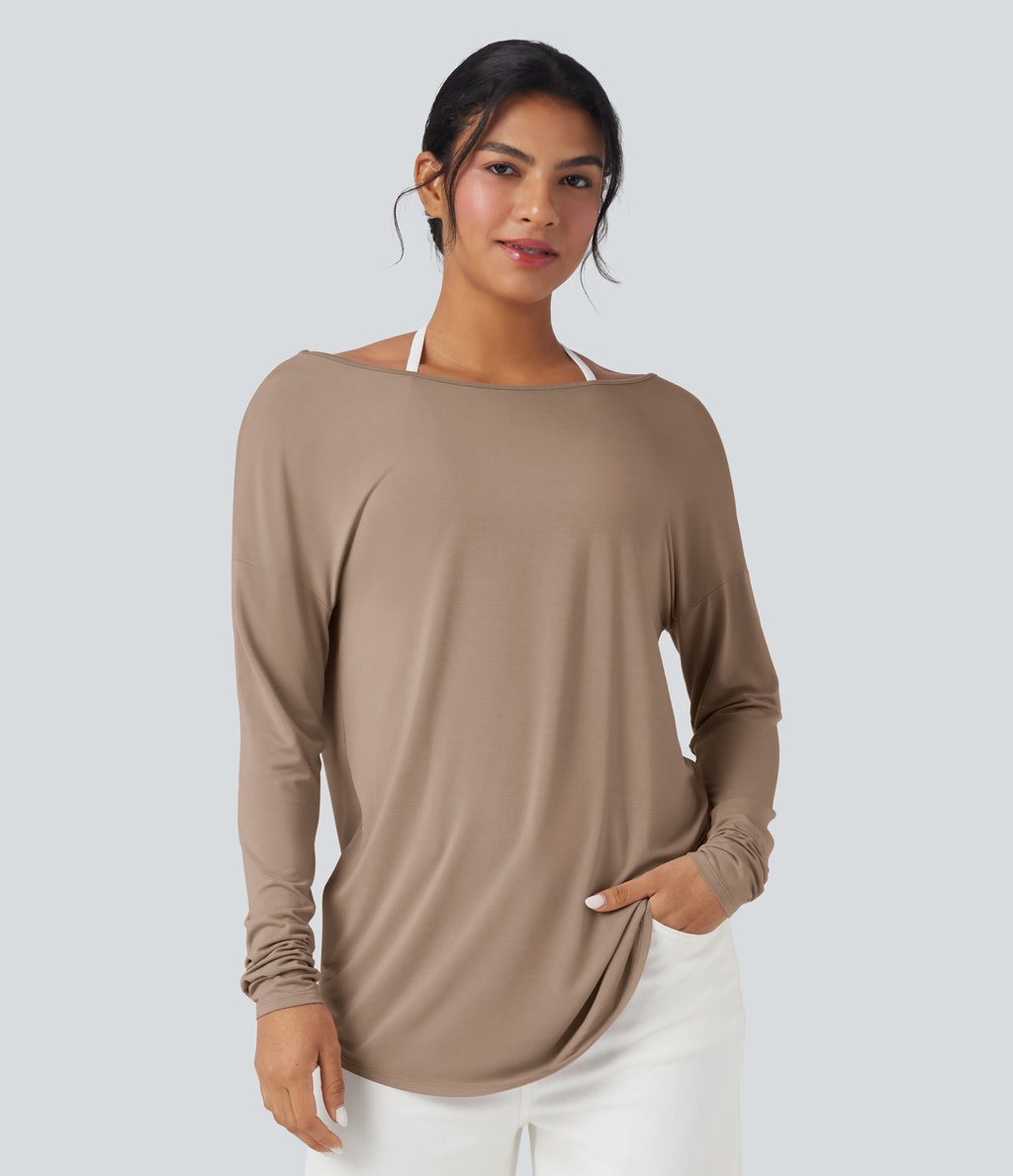 Deep V-neck Long Sleeve Thumb Holes Relaxed T-Shirt-Front and Back Wearable — Natural — view 6