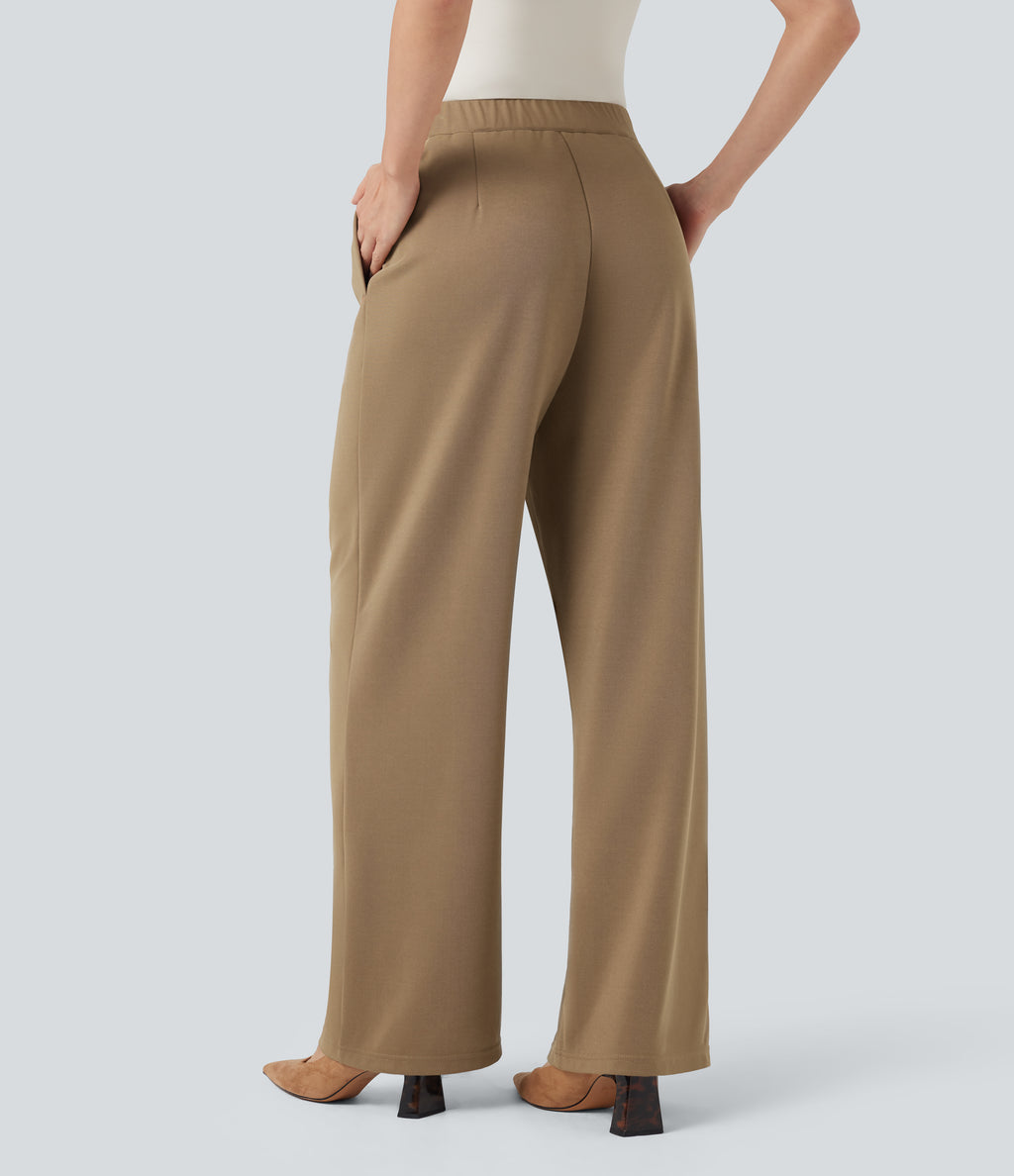 High Waisted Metal Chain Straight Leg Work Trousers with Pockets — Tiger's Eye — view 2