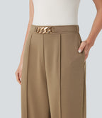 High Waisted Metal Chain Straight Leg Work Trousers with Pockets — Tiger's Eye — view 4