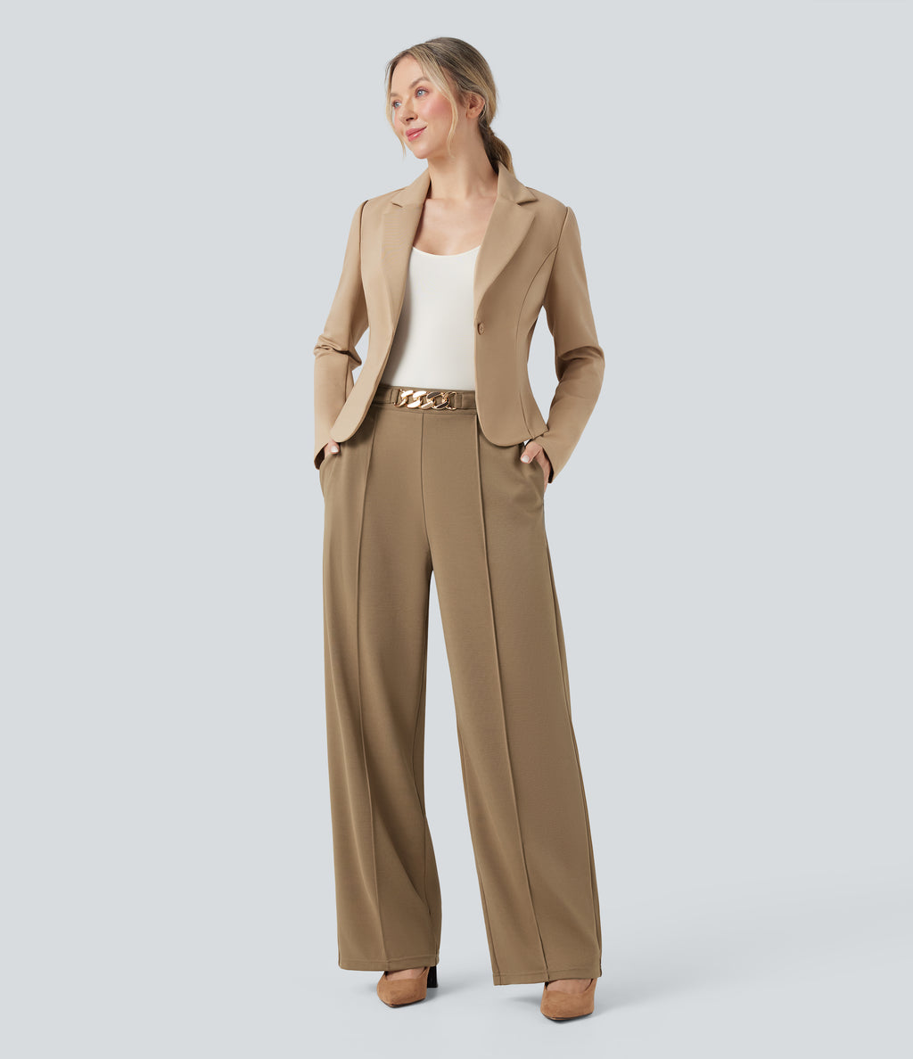 High Waisted Metal Chain Straight Leg Work Trousers with Pockets — Tiger's Eye — view 6