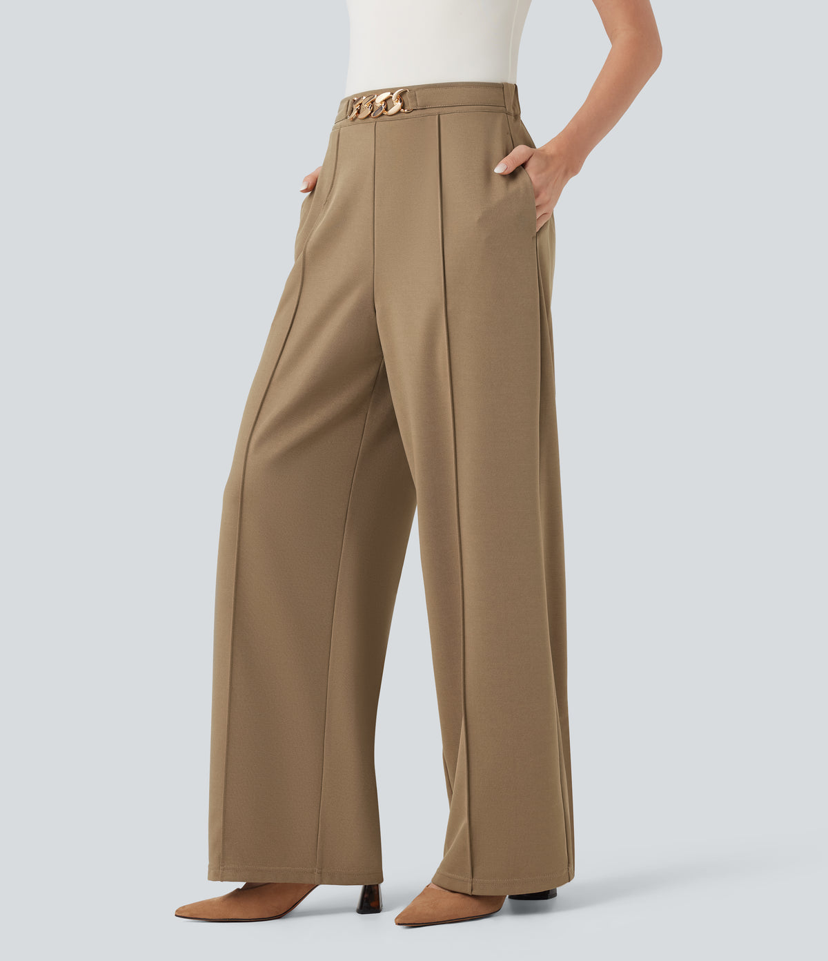 High Waisted Metal Chain Straight Leg Work Trousers with Pockets — Tiger's Eye — view 3