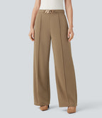 High Waisted Metal Chain Straight Leg Work Trousers with Pockets — Tiger's Eye — view 1