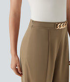 High Waisted Metal Chain Straight Leg Work Trousers with Pockets — Tiger's Eye — view 5