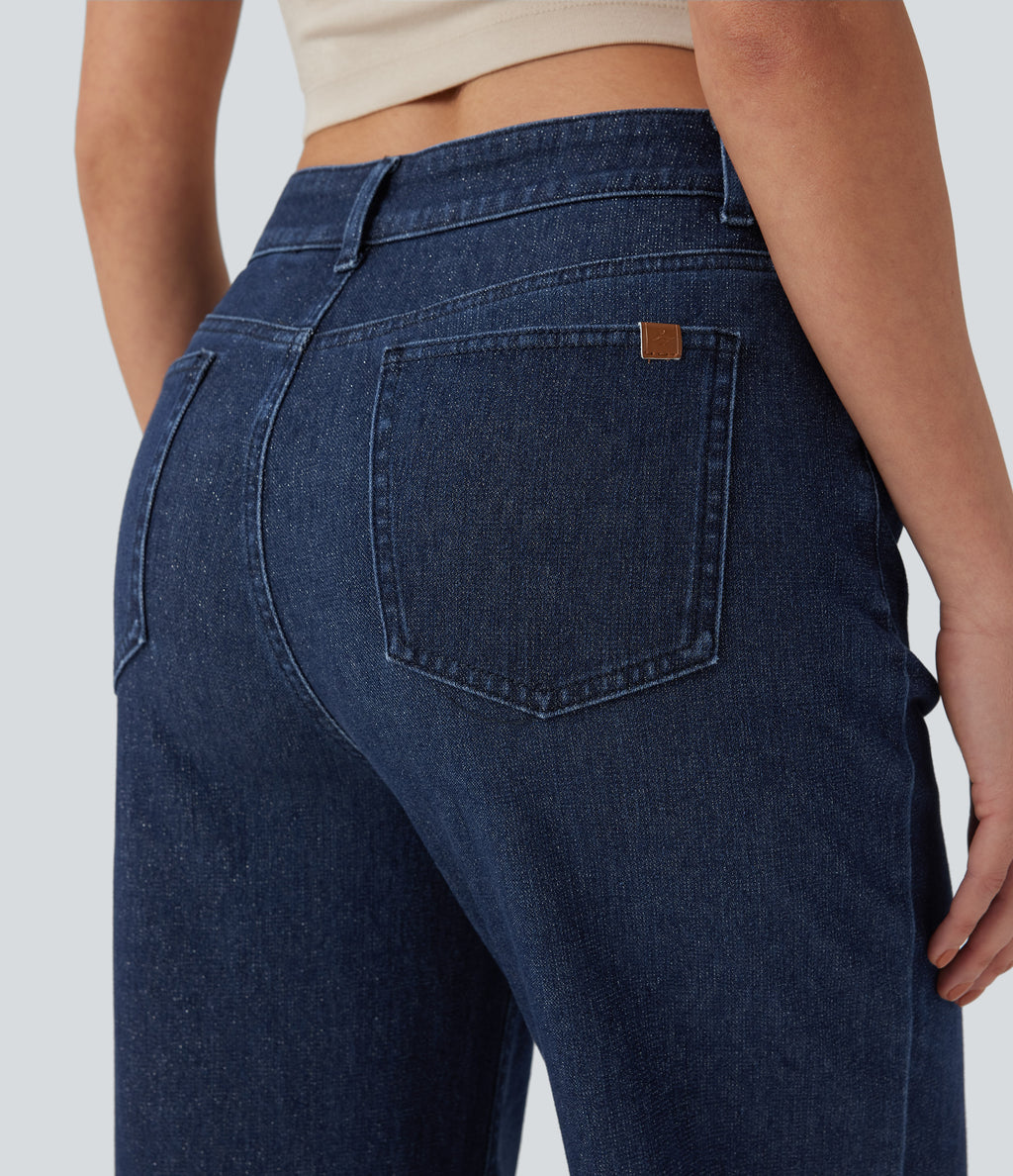 High Waisted Straight Leg Sparkle Casual Jeans with Pockets — Estate Blue Denim — view 4