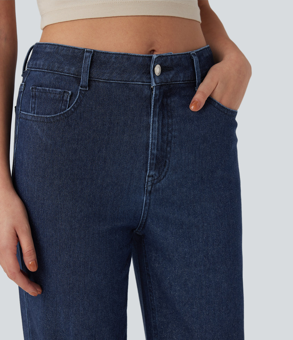 High Waisted Straight Leg Sparkle Casual Jeans with Pockets — Estate Blue Denim — view 5