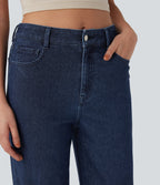 High Waisted Straight Leg Sparkle Casual Jeans with Pockets — Estate Blue Denim — view 5