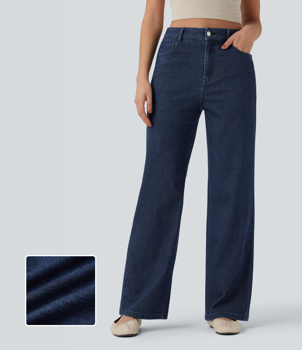 High Waisted Straight Leg Sparkle Casual Jeans with Pockets — Estate Blue Denim — view 1