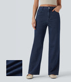 High Waisted Straight Leg Sparkle Casual Jeans with Pockets — Estate Blue Denim — view 1