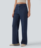 High Waisted Straight Leg Sparkle Casual Jeans with Pockets — Estate Blue Denim — view 3