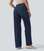 High Waisted Straight Leg Sparkle Casual Jeans with Pockets — Estate Blue Denim — view 2