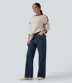 High Waisted Straight Leg Sparkle Casual Jeans with Pockets — Estate Blue Denim — view 6