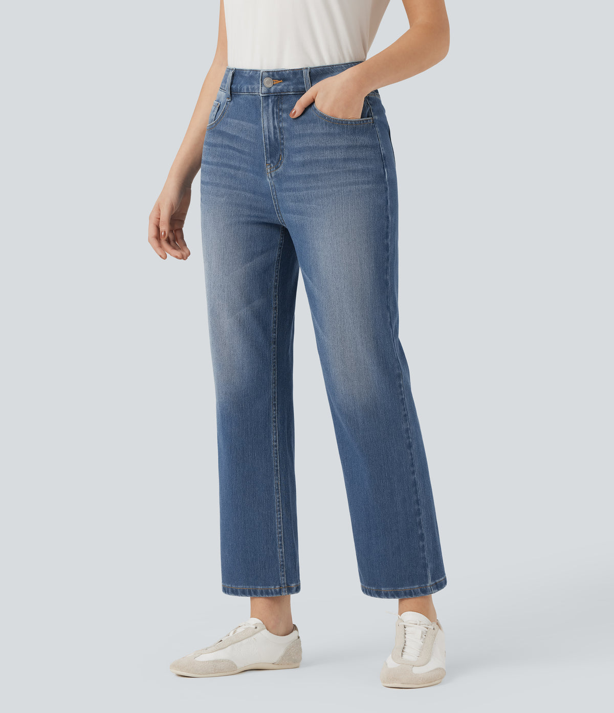 High Waisted Straight Leg Washed Casual Jeans with Pockets — Tide Blue Denim — view 3