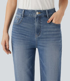 High Waisted Straight Leg Washed Casual Jeans with Pockets — Tide Blue Denim — view 4