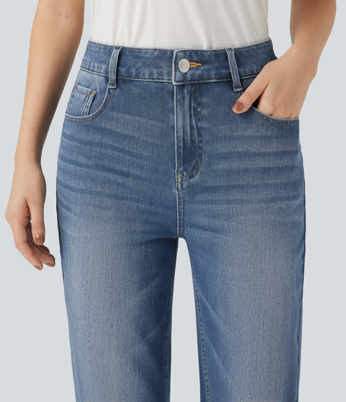 High Waisted Straight Leg Washed Casual Jeans with Pockets — Tide Blue Denim — view 4