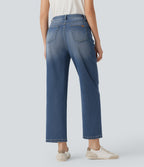 High Waisted Straight Leg Washed Casual Jeans with Pockets — Tide Blue Denim — view 2