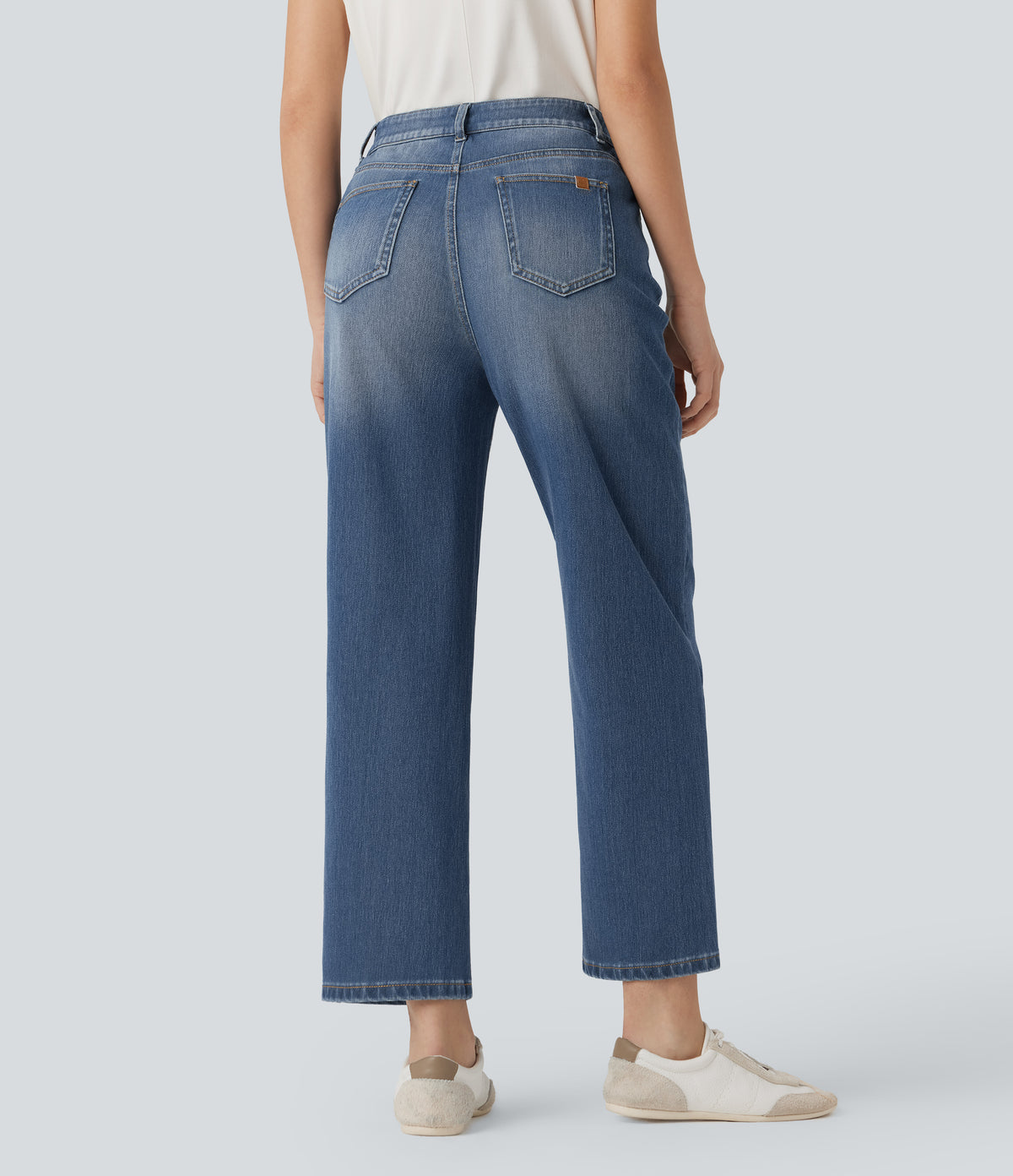 High Waisted Straight Leg Washed Casual Jeans with Pockets — Tide Blue Denim — view 2