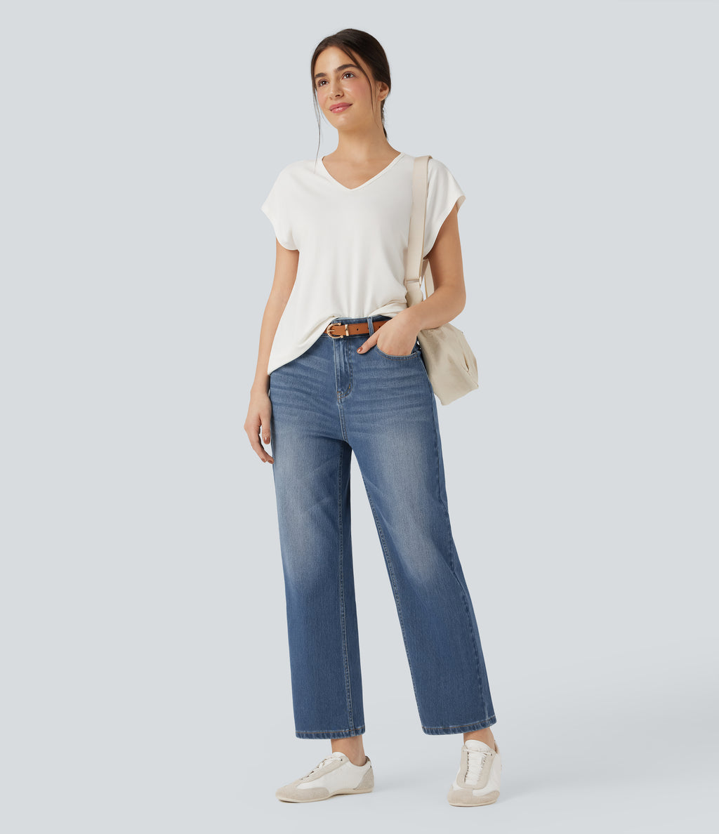 High Waisted Straight Leg Washed Casual Jeans with Pockets — Tide Blue Denim — view 6