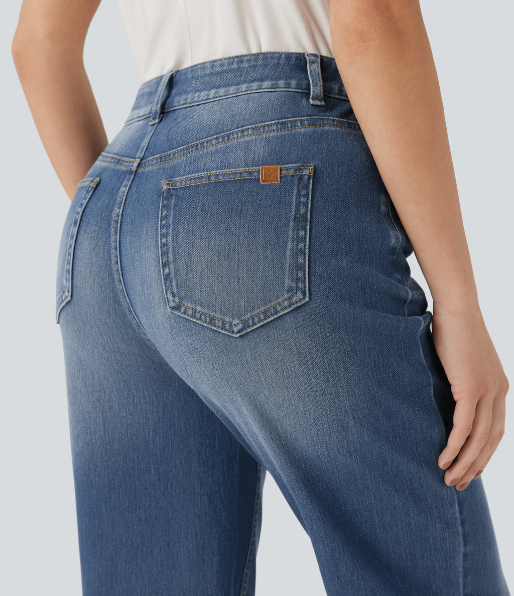 High Waisted Straight Leg Washed Casual Jeans with Pockets — Tide Blue Denim — view 5