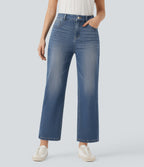 High Waisted Straight Leg Washed Casual Jeans with Pockets — Tide Blue Denim — view 1