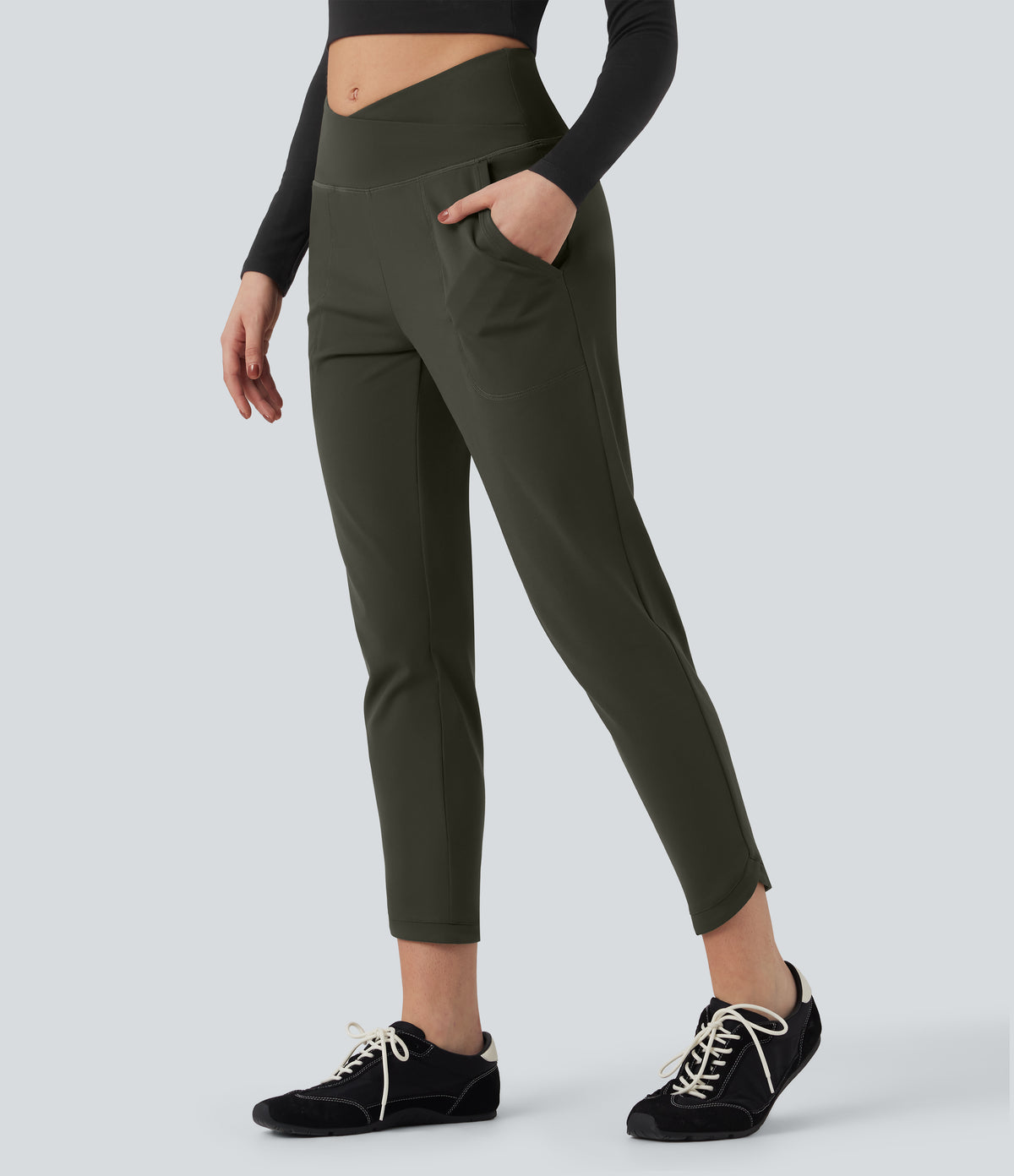 High Waisted Crossover Tapered Casaul Trousers with Pockets — Forest Night — view 3