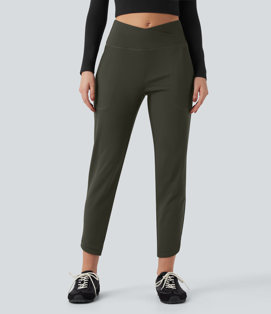 High Waisted Crossover Tapered Casaul Trousers with Pockets — Forest Night — view 1