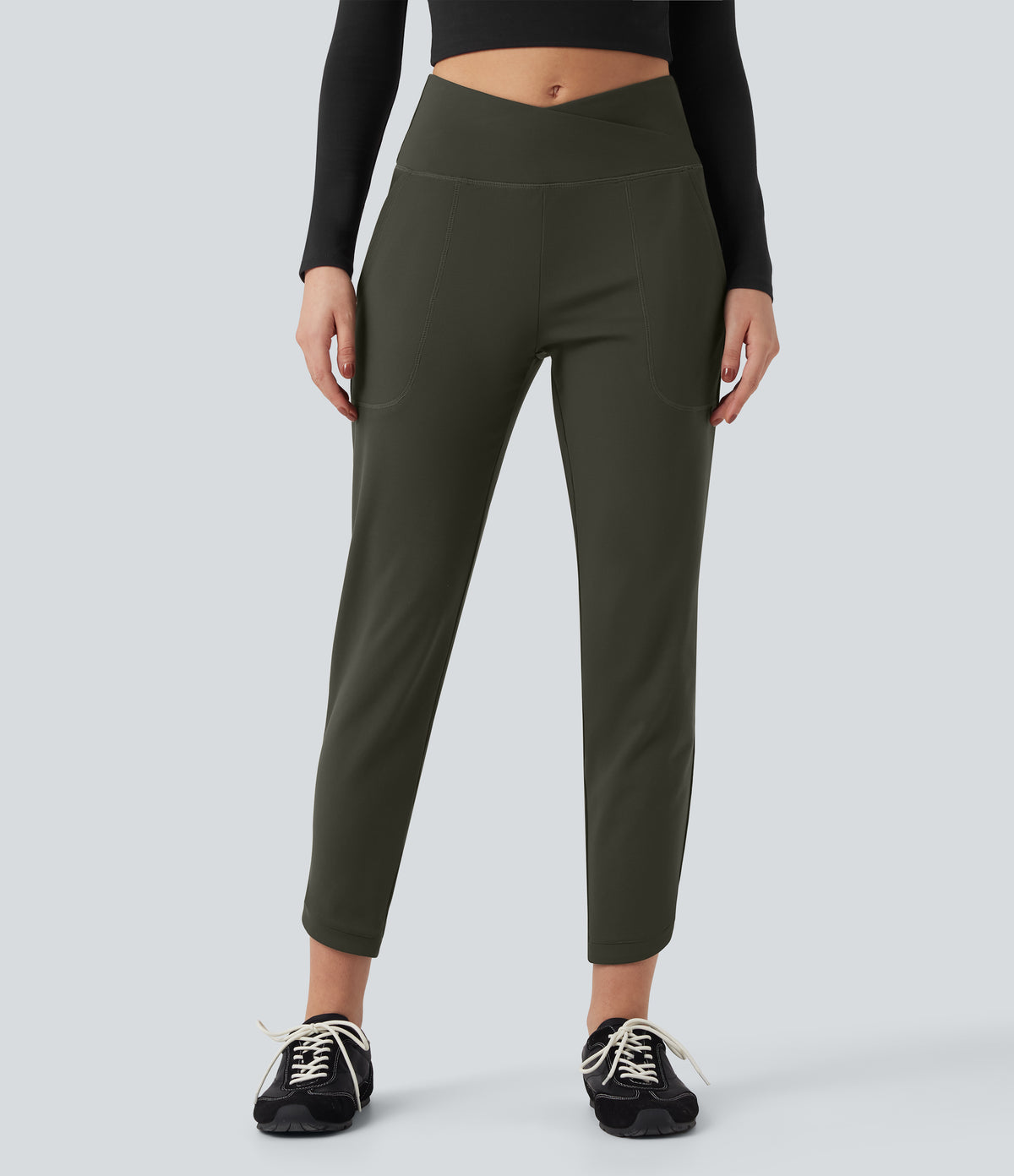 High Waisted Crossover Tapered Casaul Trousers with Pockets — Forest Night — view 1
