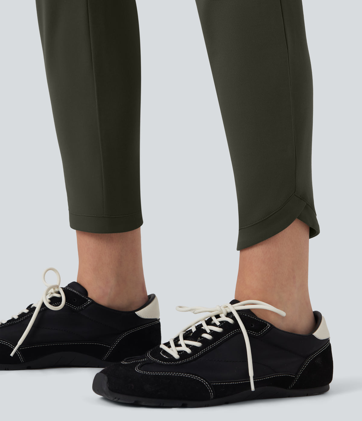 High Waisted Crossover Tapered Casaul Trousers with Pockets — Forest Night — view 6