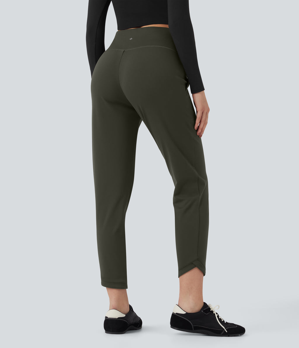 High Waisted Crossover Tapered Casaul Trousers with Pockets — Forest Night — view 2