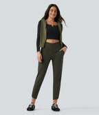High Waisted Crossover Tapered Casaul Trousers with Pockets — Forest Night — view 7