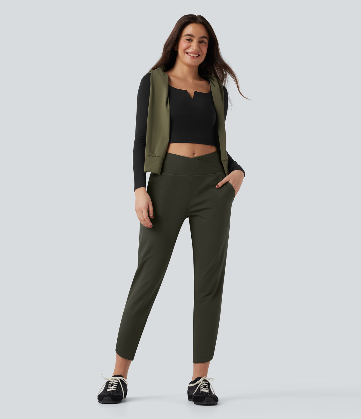 High Waisted Crossover Tapered Casaul Trousers with Pockets — Forest Night — view 7