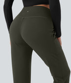 High Waisted Crossover Tapered Casaul Trousers with Pockets — Forest Night — view 4