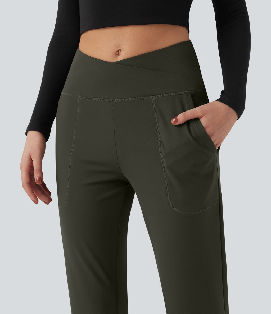 High Waisted Crossover Tapered Casaul Trousers with Pockets — Forest Night — view 5
