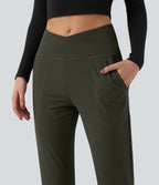 High Waisted Crossover Tapered Casaul Trousers with Pockets — Forest Night — view 5