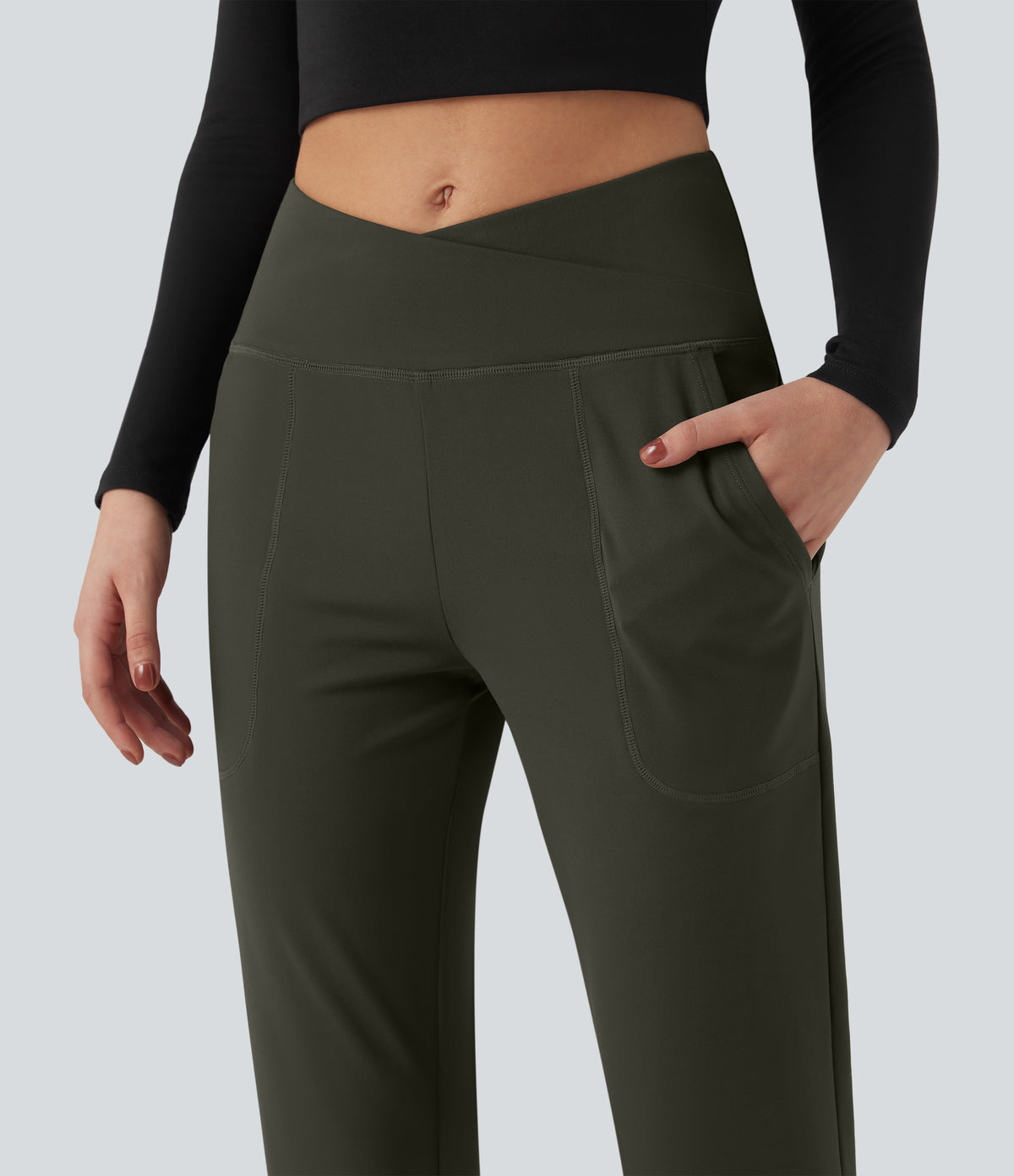 High Waisted Crossover Tapered Casaul Trousers with Pockets — Forest Night — view 5