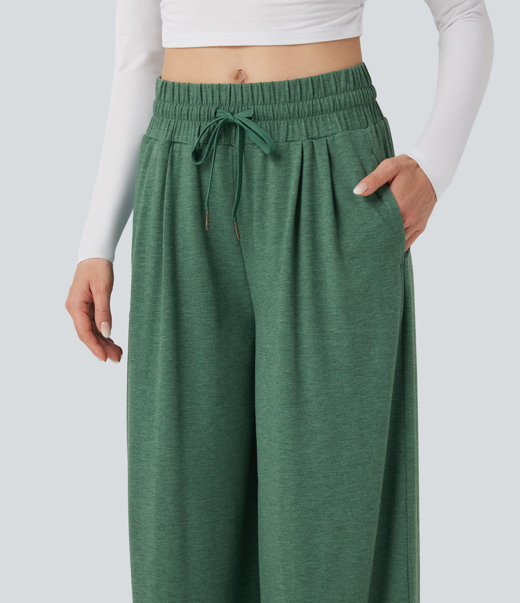 Mid Rise Drawstring Heathered Casual Baggy Trousers with Pockets — Emerald Floral Yarn — view 5