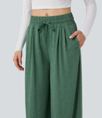 Mid Rise Drawstring Heathered Casual Baggy Trousers with Pockets — Emerald Floral Yarn — view 5