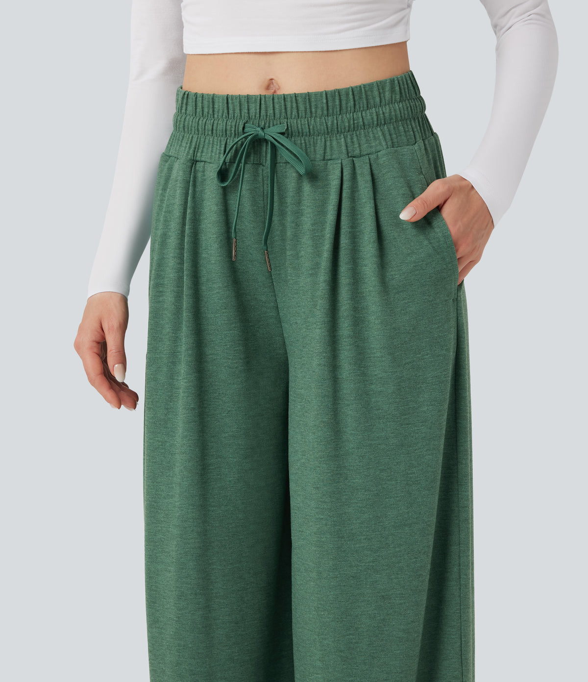Mid Rise Drawstring Heathered Casual Baggy Trousers with Pockets — Emerald Floral Yarn — view 5
