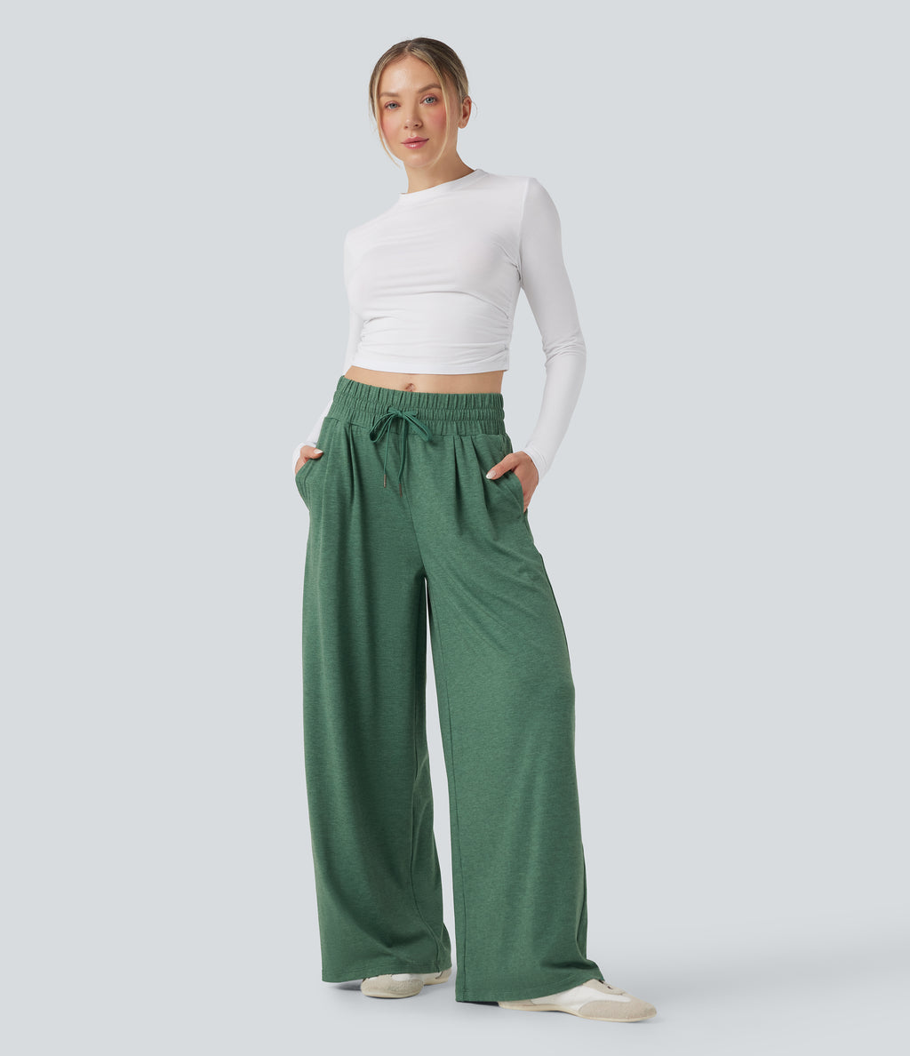 Mid Rise Drawstring Heathered Casual Baggy Trousers with Pockets — Emerald Floral Yarn — view 1