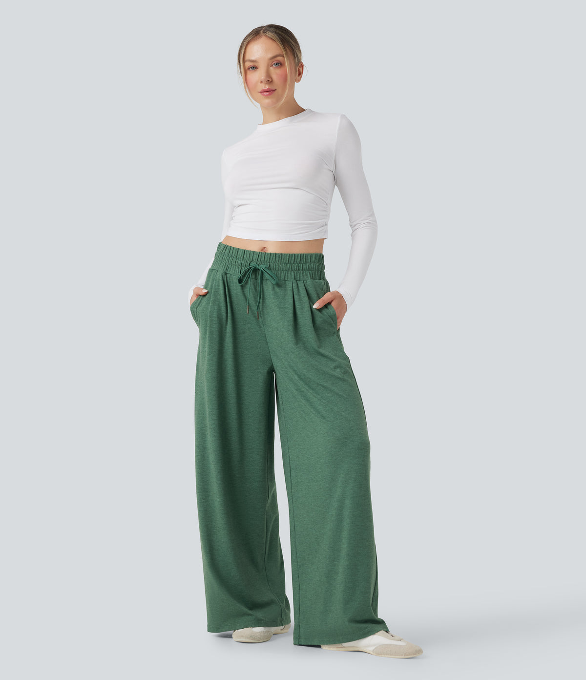 Mid Rise Drawstring Heathered Casual Baggy Trousers with Pockets — Emerald Floral Yarn — view 1